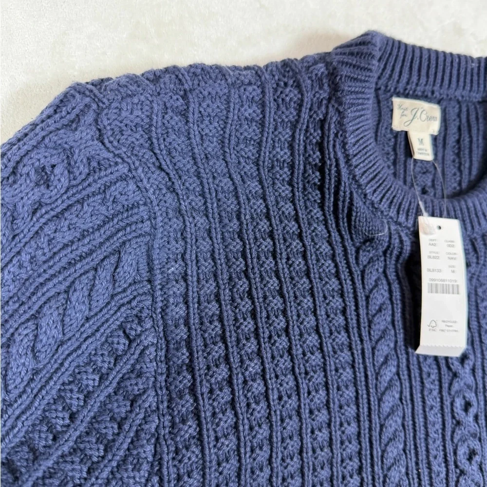 NWT J. Crew Heavy Cotton Deep Navy Blue Cable Knit Nautical Crewneck Sweater